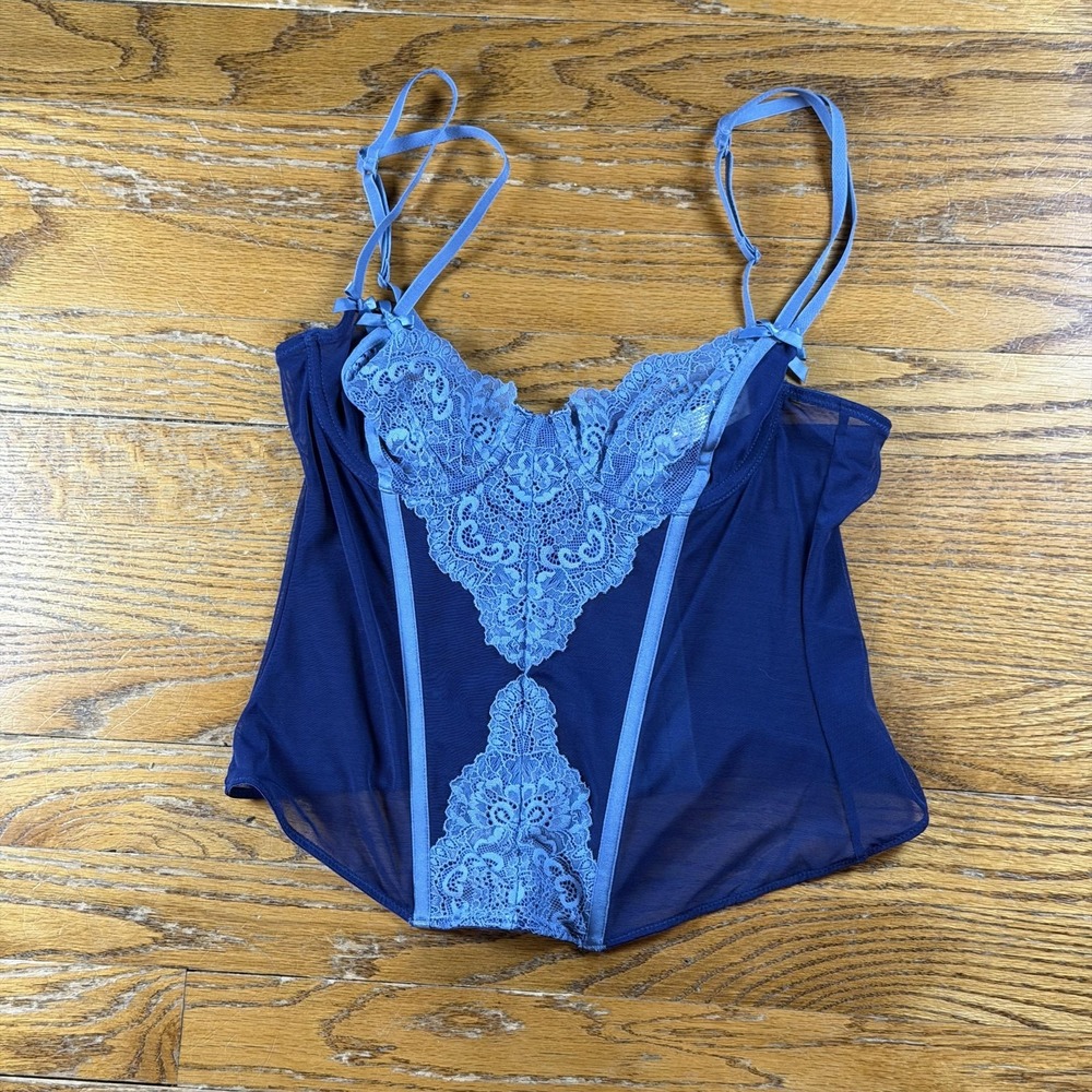 Adore Me Bustier Corset Top Womens 34A Blue Mesh Lace Adjustable Straps Lingerie